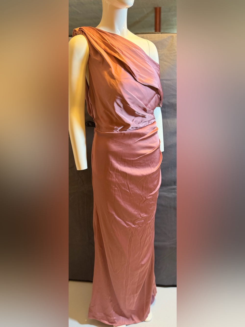 One-Shoulder Draped Rose Dust Evening Gown